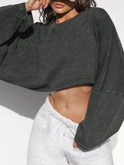 Solid Color Split-Joint Long Sleeves Loose Round-Neck Sweatshirt Tops