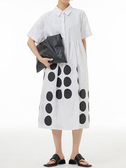 Contrast Color Pleated Split-Joint Loose Short Sleeves Lapel Shirt Dress Midi Dresses