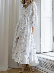 Pleated Polka-Dot Tied Waist High Waisted High-Low V-Neck Maxi Dresses