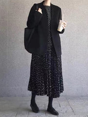 Elasticity Pleated Polka-Dot Split-Joint Long Sleeves Loose Round-Neck Midi Dresses