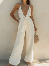 Solid Color Tied Waist Loose Sleeveless Deep V-Neck Jumpsuits