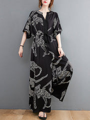 Vintage Original Floral Leopard Printed Split-Joint Tied V-Neck Half Sleeves Wide Leg Jumpsuits