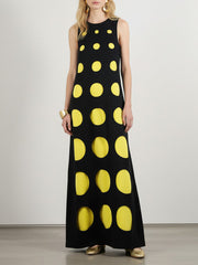 Loose Sleeveless Contrast Color Polka-Dot Split-Joint Round-Neck Maxi Dresses