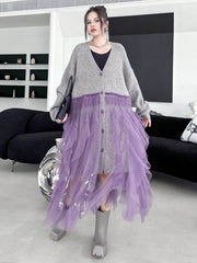 Buttoned Contrast Color Mesh Pleated Ribs Split-Joint High-Low Irregularity Collarless Outerwear Cardigan Tops