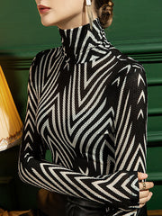 Striped Long Sleeves Skinny High-Neck T-Shirts Tops