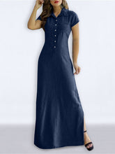 Buttoned Pockets Split-side High Waisted Plus Size Lapel Maxi Dresses