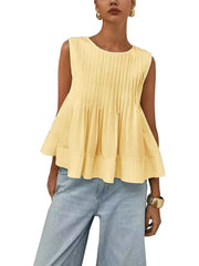 Pleated Solid Color Split-Joint Zipper Loose Sleeveless Round-neck Vest Top
