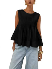 Pleated Solid Color Split-Joint Zipper Loose Sleeveless Round-neck Vest Top