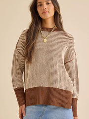 Contrast Color Split-Side High-Low Long Sleeves High Neck Sweater Tops Pullovers