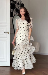 Elasticity Polka-Dot See-Through Split-Joint Tied Long Sleeves Loose Mock Neck Maxi Dresses