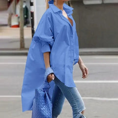 High-Waisted Hollow Solid Color Loose Puff Sleeves Lapel Collar Blouses&shirts Tops