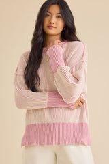 Contrast Color Split-Side High-Low Long Sleeves High Neck Sweater Tops Pullovers
