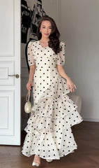 Elasticity Polka-Dot See-Through Split-Joint Tied Long Sleeves Loose Mock Neck Maxi Dresses