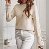 Lace-Trimmed Round Neck Knit Sweater