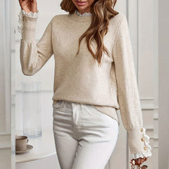 Lace-Trimmed Round Neck Knit Sweater