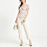 Stylish White Polka-Dot Stand Collar Short Sleeves Blouse Top