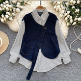 Vintage Solid Color Buttoned Asymmetric Split-Joint Denim Vest Outwear
