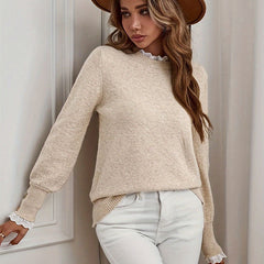 Lace-Trimmed Round Neck Knit Sweater