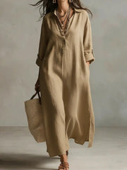 Half Sleeves High Waisted Pleated See-Through Solid Color Lapel Midi Dresses Shirt Dress