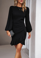 Solid Color Loose Puff Sleeves Midi Dresses