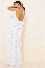 Layered Ruffle Trim Solid Color Split-Front Zipper Loose Sleeveless Half Turtleneck Maxi Dresses