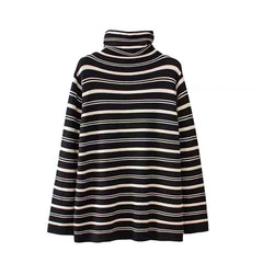 Long Sleeves Skinny Contrast Color Split-Joint Striped High Neck T-Shirts Tops
