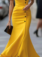 No Belt Solid Color Split-Joint Split-side Bodycon Half Sleeves Square-neck Maxi Dresses