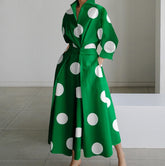 Long Sleeves Loose Big Hemline Contrast Color Pleated Polka Dot Split-Joint Half Turtleneck Maxi Dresses