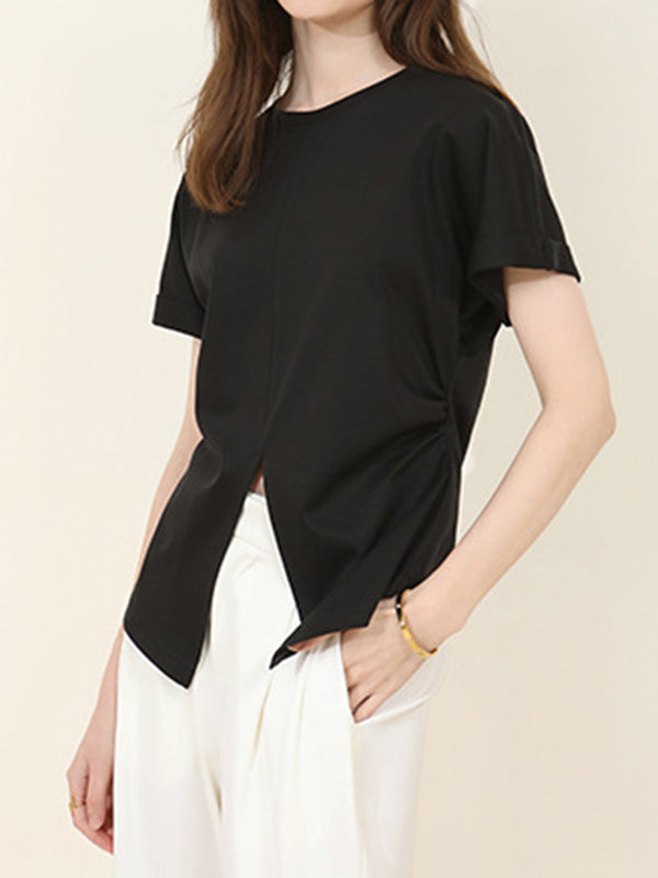 Pleated Solid Color Split-Front Split-Joint Batwing Sleeves Loose Round-Neck T-Shirts