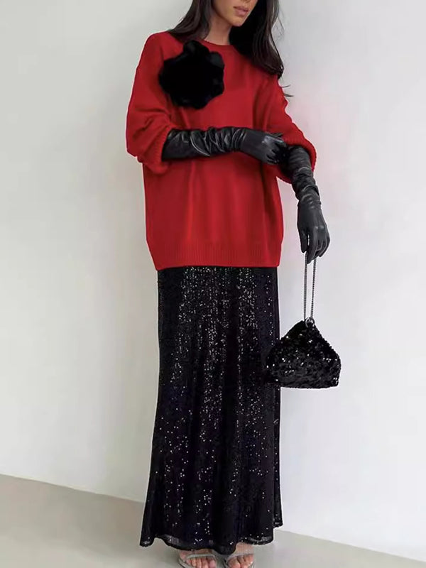 Flower Shape Split-Joint Long Sleeves Loose Round-Neck Sweater Tops