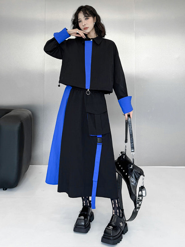 Asymmetric Contrast Color Split-Joint Lapel Blouses&Shirts Tops + A-Line Elasticated Waist Pockets Streamer Skirts Bottoms Two Pieces Set