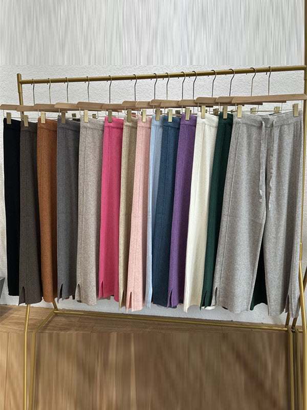 Drawstring Solid Color Split-Side Velvet High Waisted Loose Trousers Pants