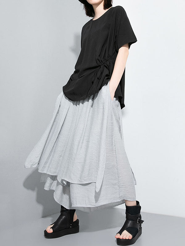 Elasticity Solid Color Split-Joint Loose Wide Leg Ninth Pants