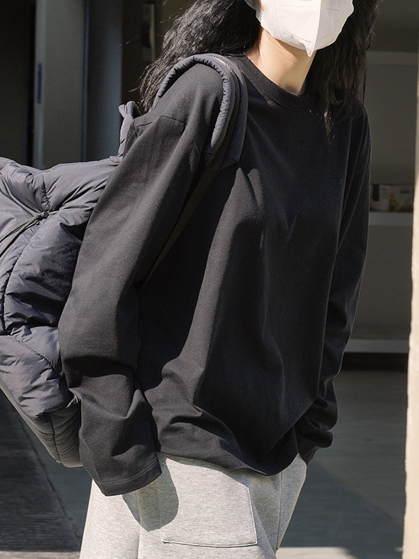 Casual Long Sleeves Loose Solid Color Round-Neck T-Shirts Tops