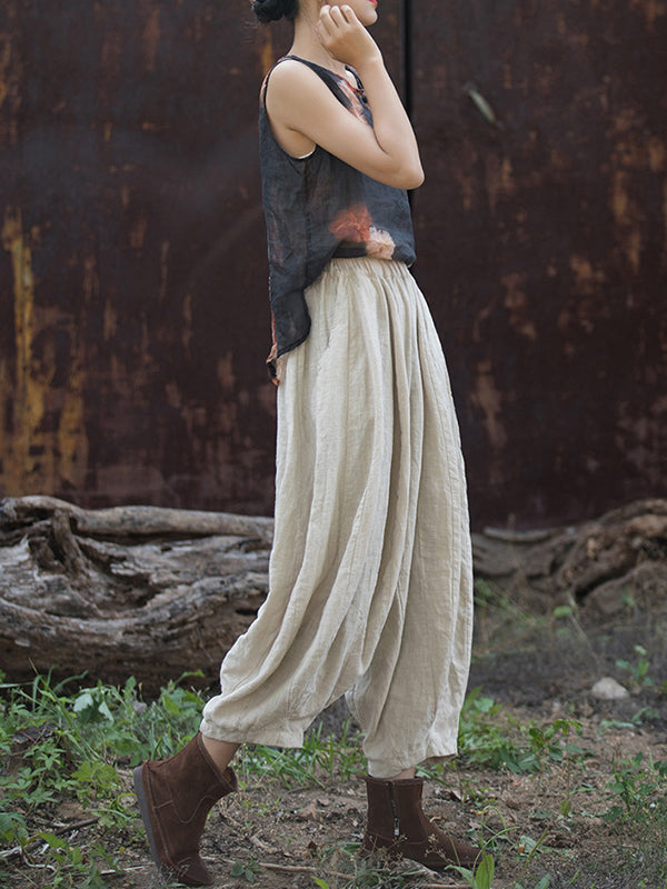 Elasticity Pleated Pockets Solid Color Split-Joint Bloomers Loose Casual Pants Bottoms