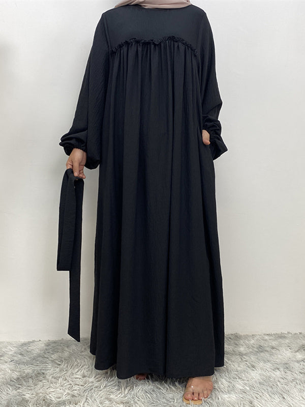 Elasticity Muslim Pleated Solid Color Split-Joint Tied Waist Bishop Sleeve Long Sleeves Round-Neck Maxi Dresses