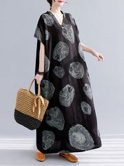 Casual Short Sleeves Loose Contrast Color Printed V-Neck Maxi Dresses