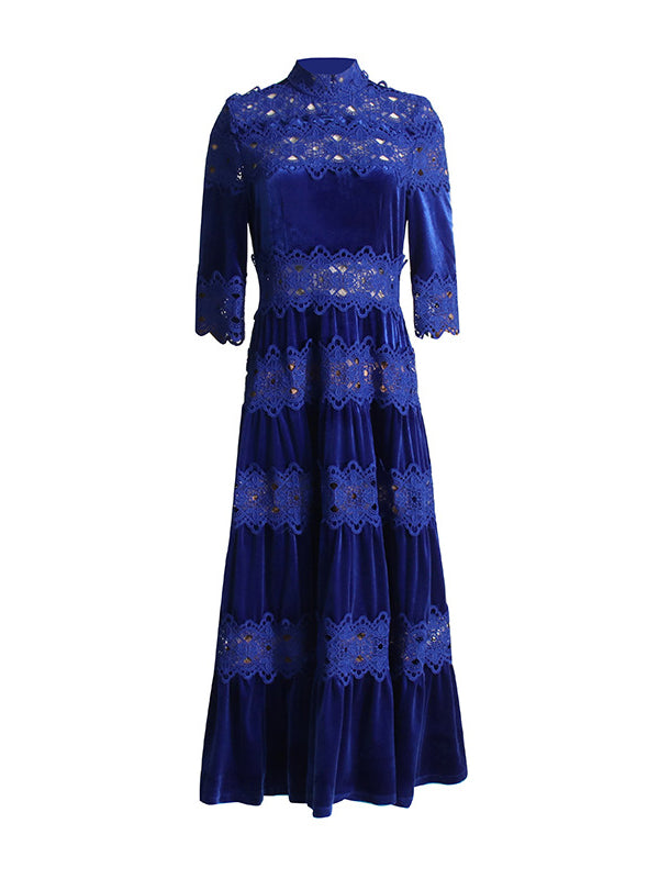 Embroidered Hollow Solid Color Split-Joint Half Sleeves High Waisted High Neck Maxi Dresses