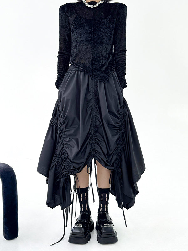 Asymmetric Drawstring Pleated Solid Color A-Line Elasticated Waist Skirts Bottoms