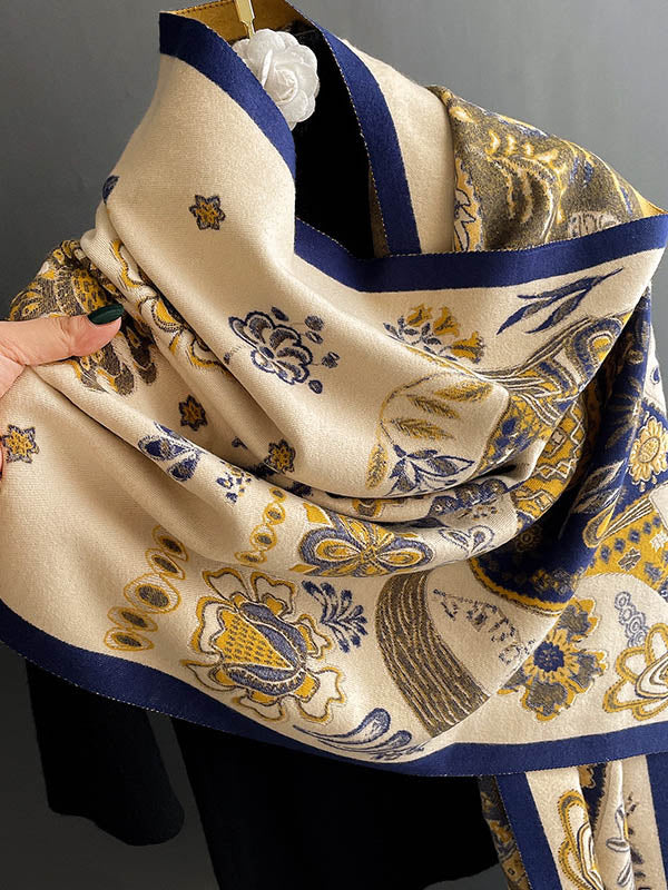 Vintage Knitting Tasseled Jacquard Imitated Cashmere Scarf Shawl