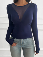 See-Through Solid Color Long Sleeves Skinny Deep V-Neck T-Shirts Tops