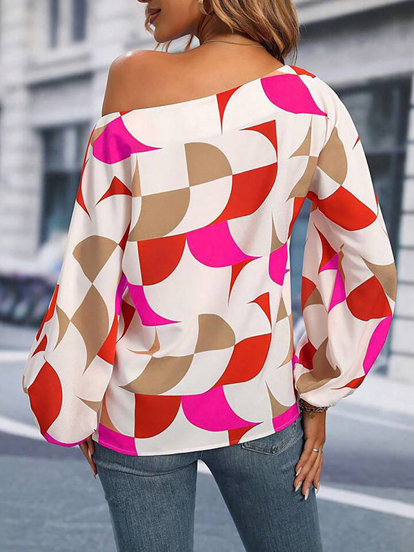Asymmetric Elasticity Printed Long Sleeves Loose One-Shoulder Blouses&Shirts Tops