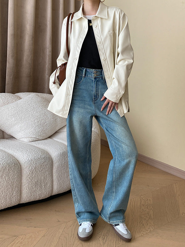 Buttoned Pockets Solid Color Long Sleeves Loose Lapel Outerwear Jackets
