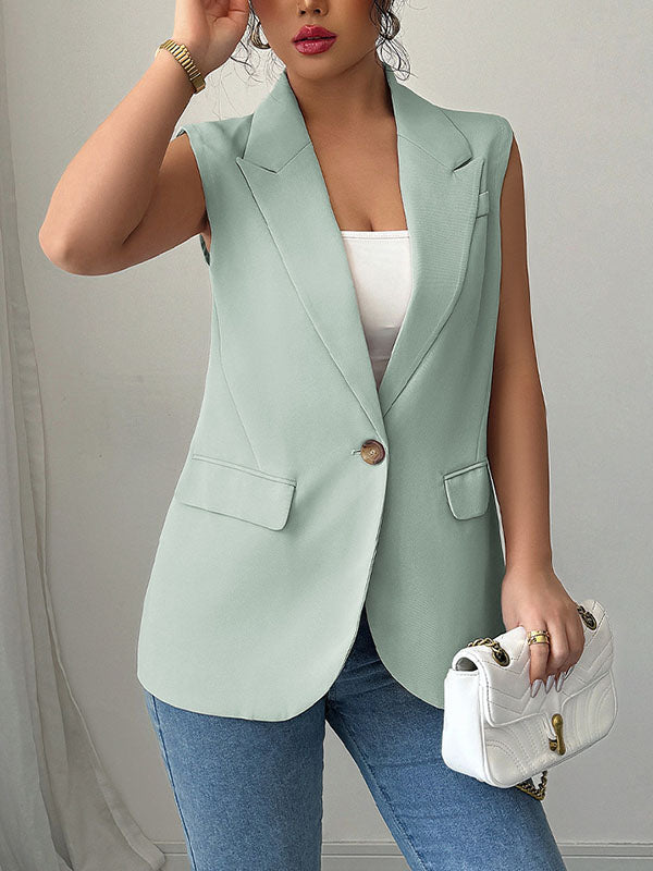 Buttoned Pockets Loose Sleeveless Notched Collar Vest Top Blazer