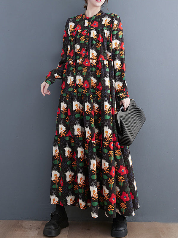 Buttoned Flower Print Split-Joint A-line Long Sleeves Round-neck Midi Dresses