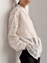 Buttoned Hollow See-Through Solid Color Sun Protection Long Sleeves Loose Lapel Collar Blouses&Shirts Tops