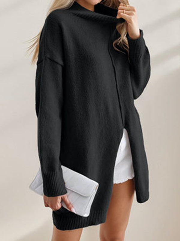 Solid Color Split-Front Split-Joint Long Sleeves Loose Mock Neck Sweater Tops