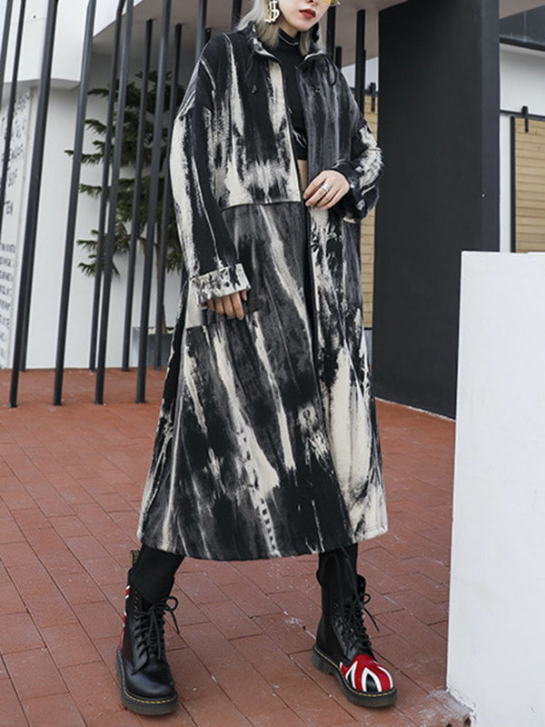 Drawstring Split-Joint Zipper Long Sleeves Loose Round-Neck Trench Coats