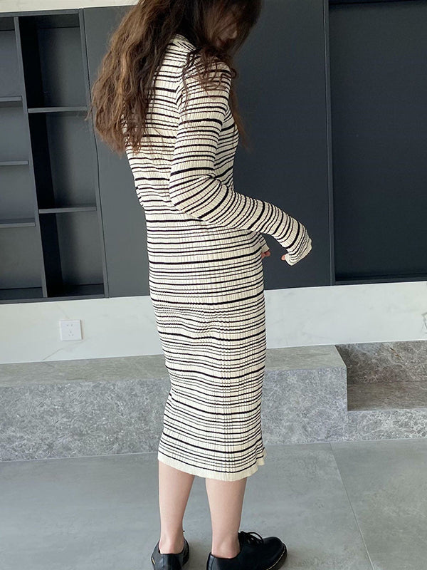 Long Sleeves Skinny Buttoned Pockets Striped Lapel Cardigan Coats Knitwear