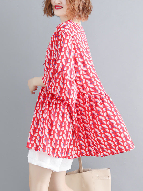 Artistic Retro Loose Half Sleeves Printed Pleated Falbala Round-Neck T-Shirts Tops